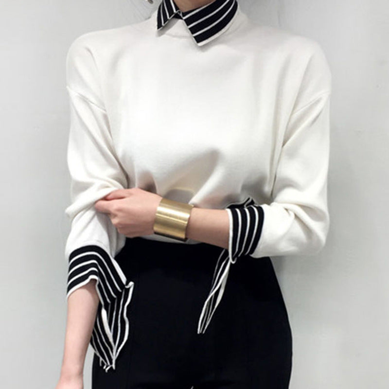 Slim-Fit - Cuff Taped Striped Contrast Pullover Sweater Top