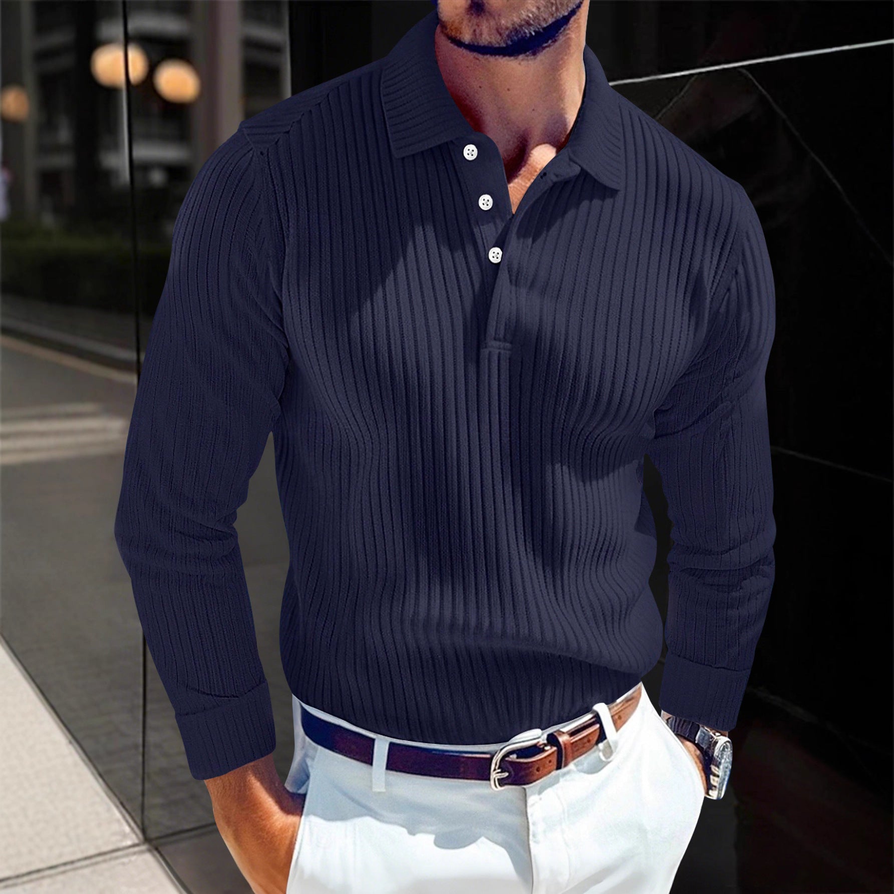 Men's Polo T-shirt With A Turn-down Collar Spring Summer Business Buttoned Long-sleeve Sports Retro Style Striped Polo Shirt For Daily Wear
