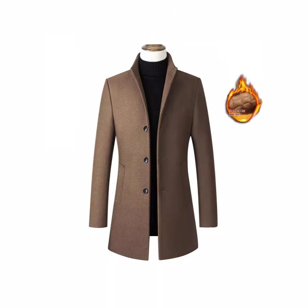 European /  American Single-breasted Stand Collar Coat - Cotton Padded Men's Trench Coat - Woolen Coat