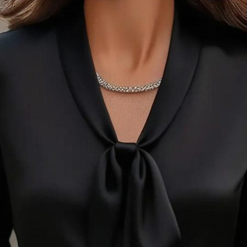 Women's Elegant Blouse With Ribbon Detail, Long Sleeve Dressy Top For Business Casual Office