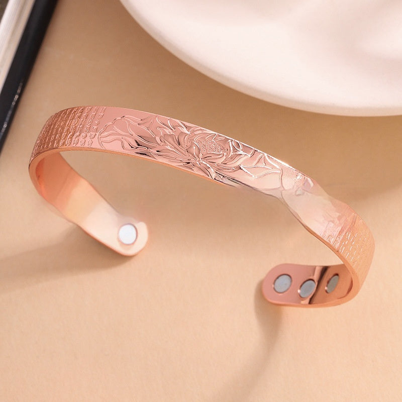 Euro-American Retro Rose Gold Open-End Embossed Design Magnetic Health Bracelet