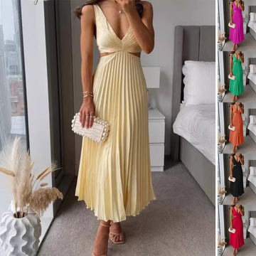 Ins Suspender Pleated Long Dress  - With Hollow-waisted Design  - Fashion V-neck Backless Dresses - Summer Women's Clothing