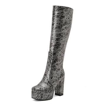 Women's Solid Color Platform Side Zip Square Toe Chunky Heel Boots