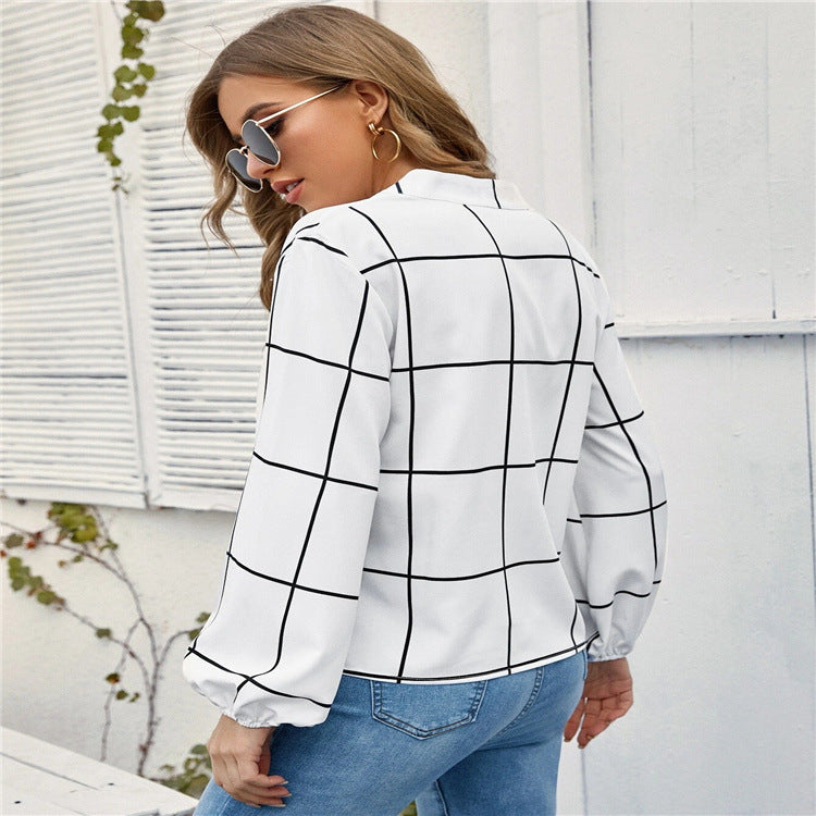 Stand Collar Long Sleeve Plaid Print Women's Shirt