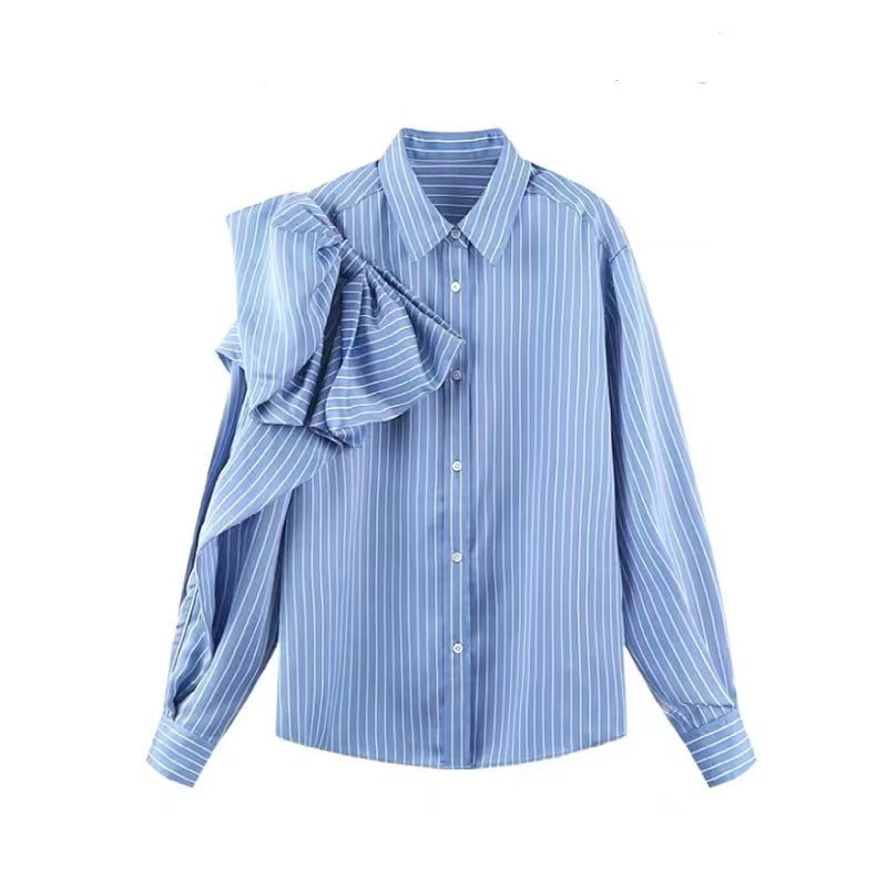 Casual Blue Striped Shirts For Women - Lapel Long Sleeve Korean Bowknot Patchwork Blouses
