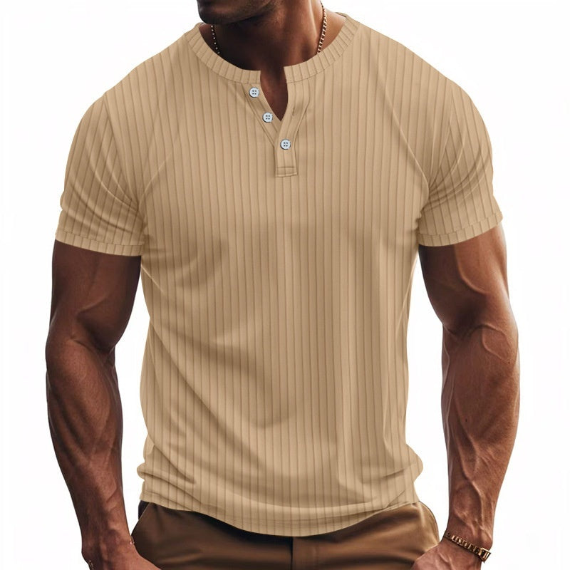 Men's Casual Sports Jacquard Ribbed Quick-dry Breathable Henley Short Sleeve