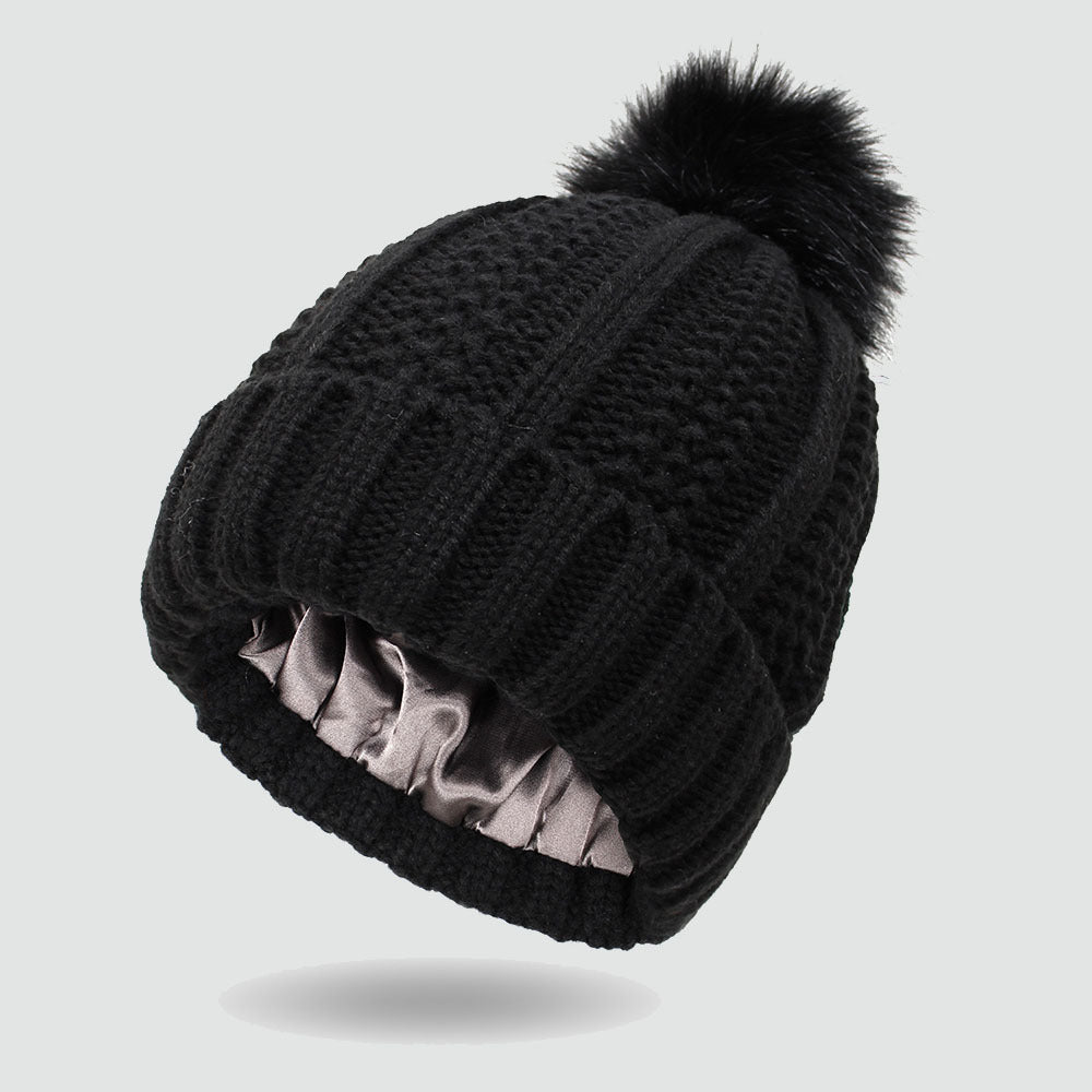 Elastic Satin Knitted Hat Loose And Warm Ladies