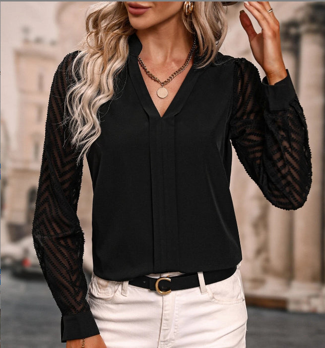 V-neck - Long-sleeved Chiffon Shirt - Lace Stitching - Solid Color Tops Women's Clothing