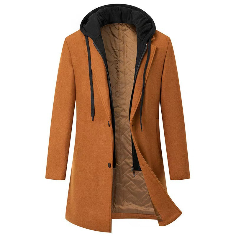 Men's Casual Woolen Coat Mid-length Detachable Hat Jacket