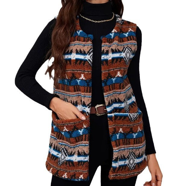 Autumn / Winter Ethnic Style Printed Large Pocket Plush Vest