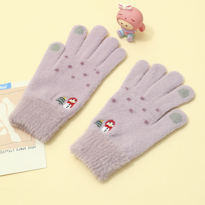 Padded And Thickened Warm Snowman Embroidered Touch Screen Gloves