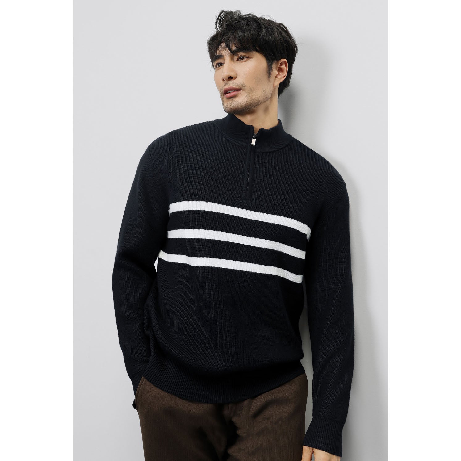 Autumn / Winter New Long-sleeved Knitted Sweater For Men - Half-zip Stand-up Collar Stripe