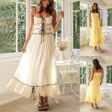 Summer Suspender Spaghetti Strap - Long Dresses / With Bow - Pleat Design Fashion / Sweet Bow Beach Dress For Women's Clothing