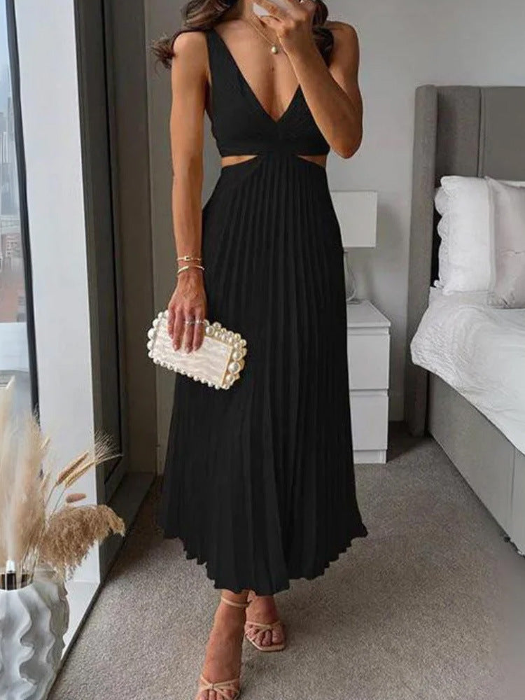 Ins Suspender Pleated Long Dress  - With Hollow-waisted Design  - Fashion V-neck Backless Dresses - Summer Women's Clothing