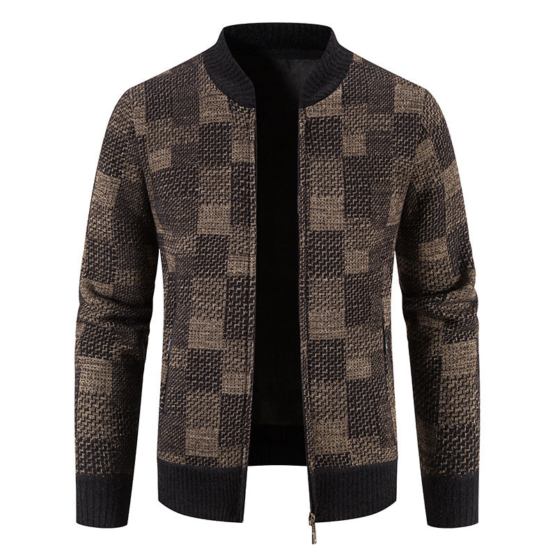 Men's Fleece-lined - Thickened Baseball -Collar Plaid Knitted Cardigan