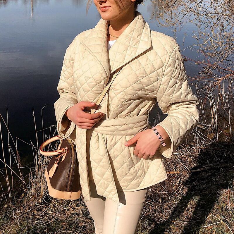 New Warm Short Cotton Padded - Parkas Woman Belted Lapel Coats