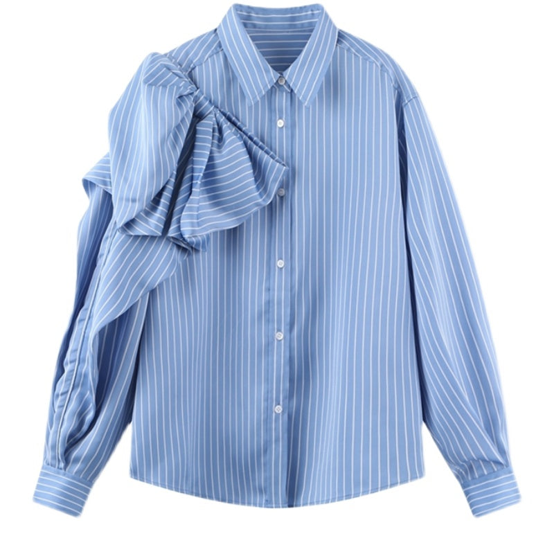 Casual Blue Striped Shirts For Women - Lapel Long Sleeve Korean Bowknot Patchwork Blouses