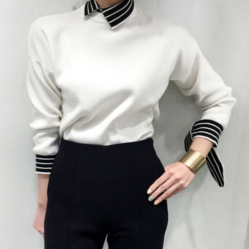 Slim-Fit - Cuff Taped Striped Contrast Pullover Sweater Top