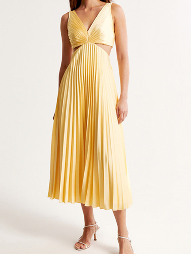 Ins Suspender Pleated Long Dress  - With Hollow-waisted Design  - Fashion V-neck Backless Dresses - Summer Women's Clothing