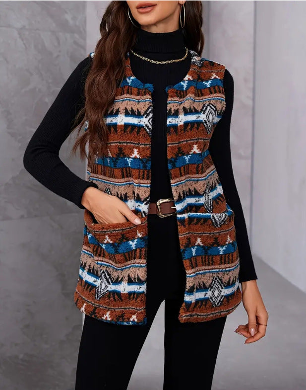 Autumn / Winter Ethnic Style Printed Large Pocket Plush Vest