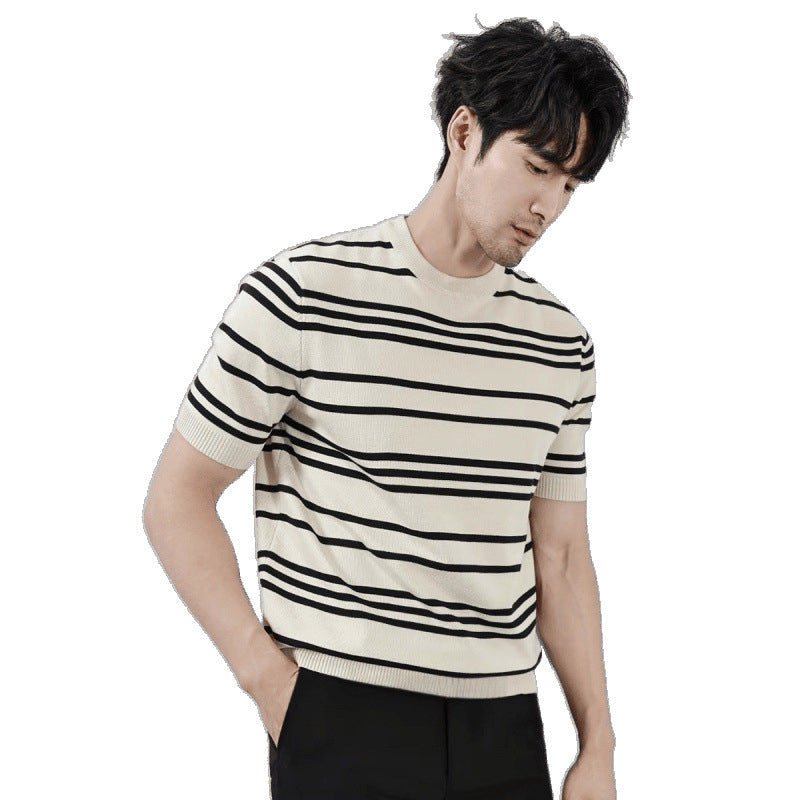 Knitted Ice Silk T-shirt - Men's Short Sleeve Black And White Stripes
