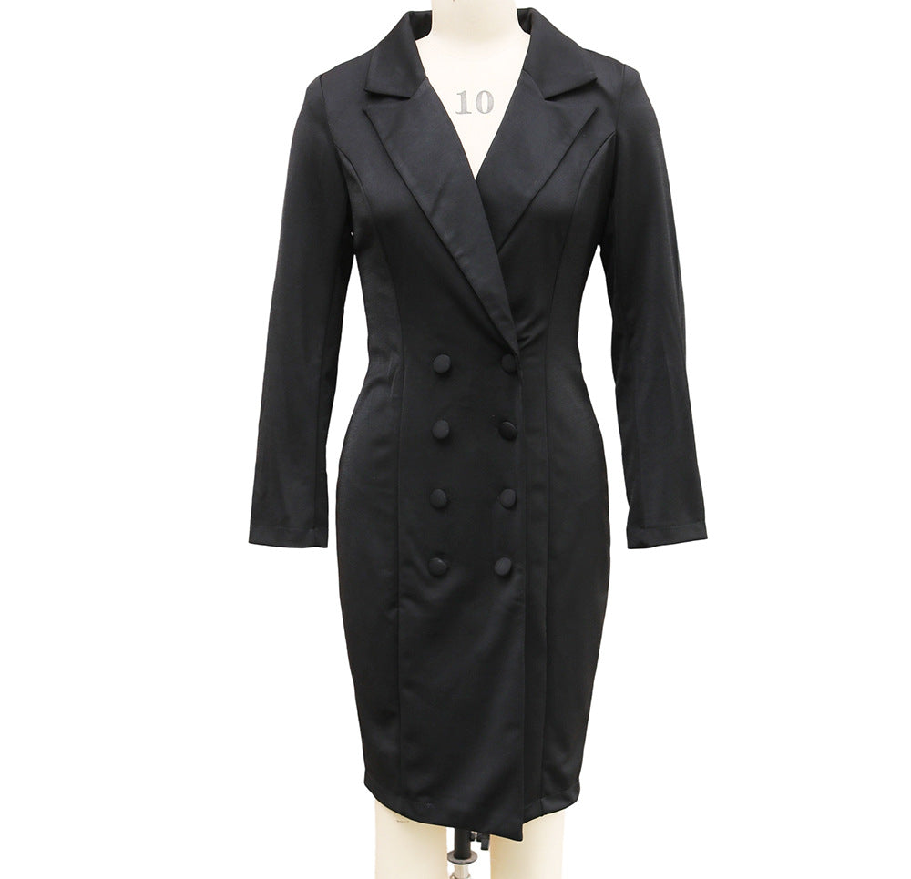 Double-breasted Blazer Dress  -Fashion Slim-fitting -  Hip-wrapped Lapel Long-sleeved Dresses - Office Commuting Long Dress For Women