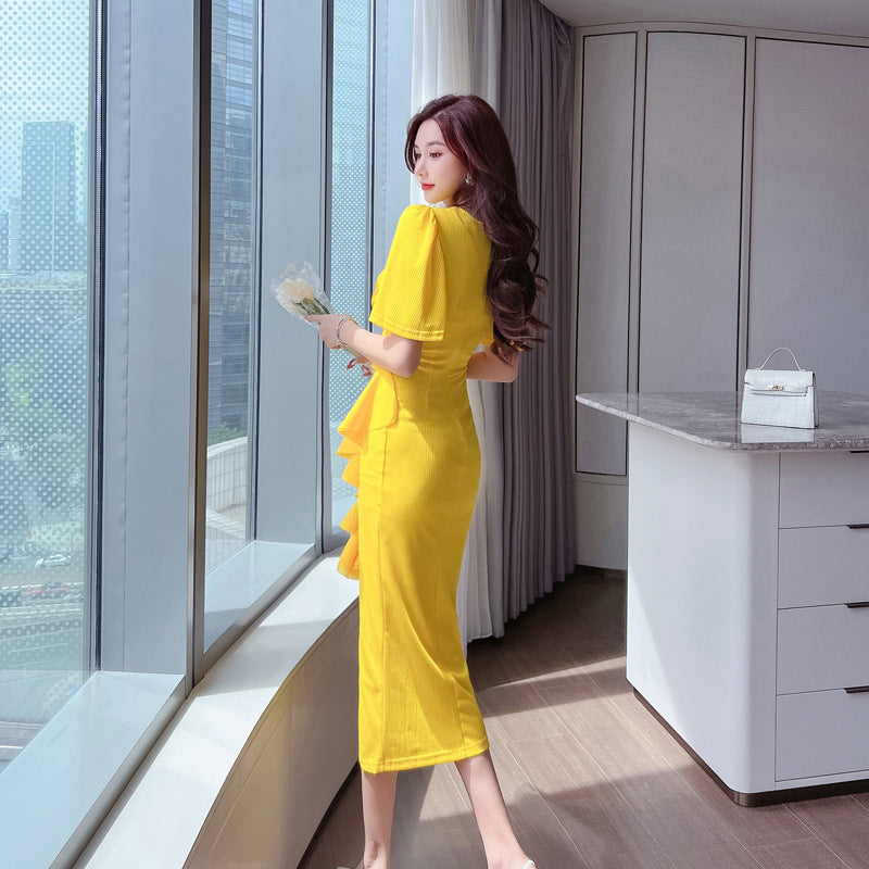 Women's Summer V-neck - Slimming Ruffled Office Lady Sheath Skirt