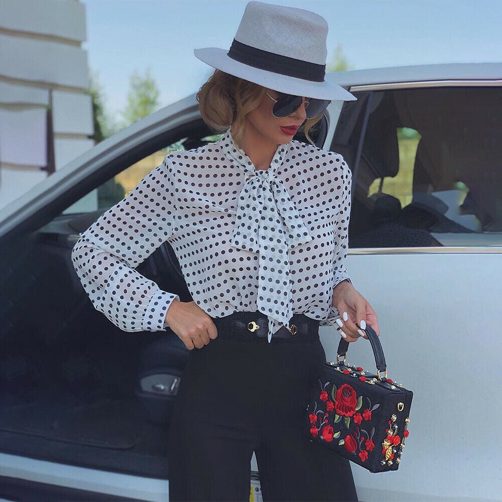 Women's Polka Dot Long-sleeved Lace Up Shirt Top Women