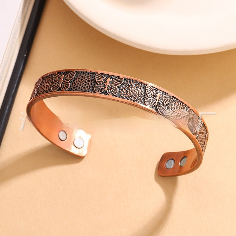 Red Copper Magnetic Vintage Bracelet With Butterfly Design Widened Magnetic Clasp