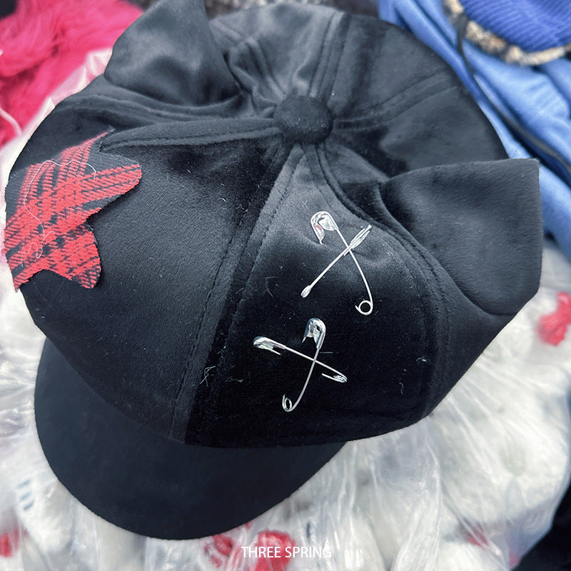 Y2K Subculture Ear-Trimmed Octagonal Cap Womens Plaid & Five-Star Beret