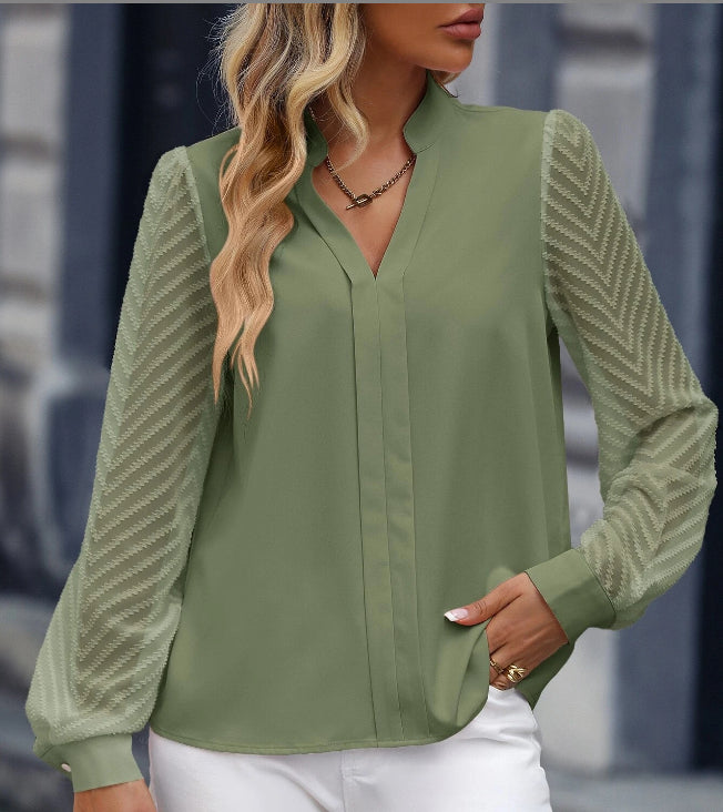 V-neck - Long-sleeved Chiffon Shirt - Lace Stitching - Solid Color Tops Women's Clothing